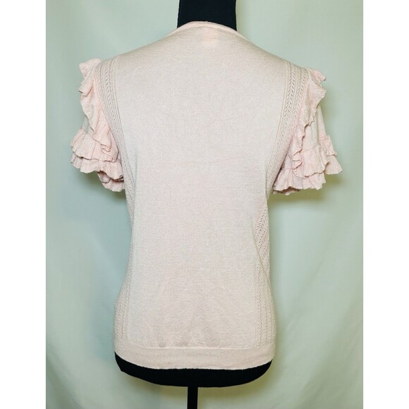 Mimi +‎ Daphne Pink Short Sleeve Ruffled Sweater Top Thin Semi Sheer Women's M - Picture 3 of 10